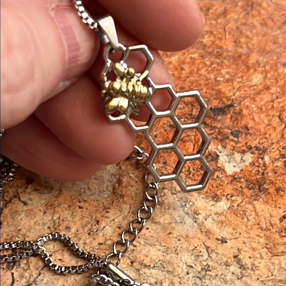 Silver Honeycomb Necklace with Bee Pendant